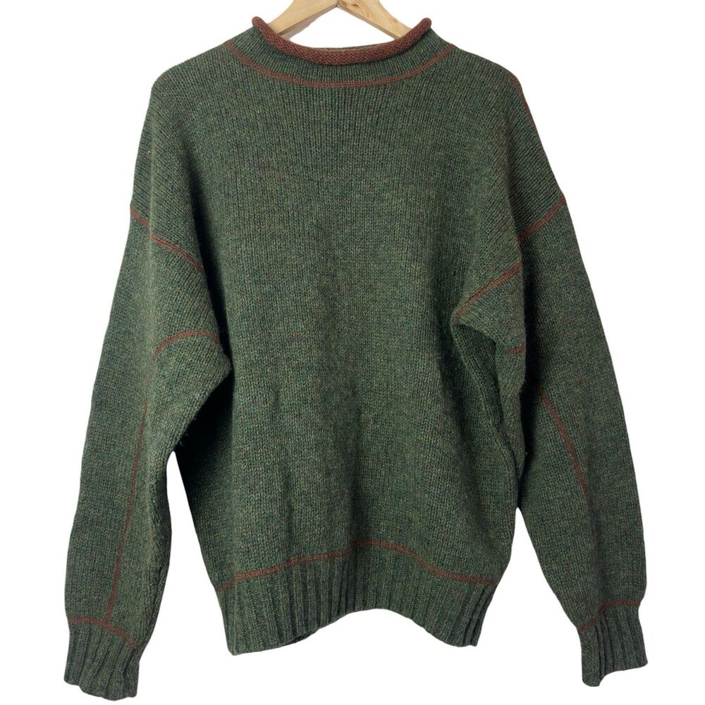 Vintage Structure 100% Wool Sweater Roll Neck Mens Medium Knit Pullover Green